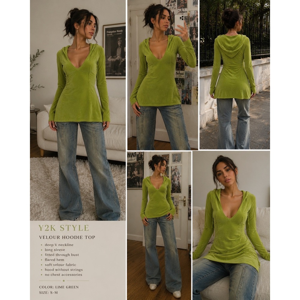 Clothes Lime Green Terry Cloth V-Neck Pullover Hoodie Long Sleeve Raglan Top